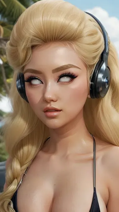 ((The Sims)), ((extremely hypnotized mind control)), ((forcefully reprogrammed and transformed)), (vacant stare), walking outside on a beach, ((big eyebrows)), ((big forehead)), ((mind controlled by spiral themed headphones under her gigantic bouffant)), 30 years old, ((blonde japanese university student:1.4)), ((hair completely up in a tall and wide and extremely gigantic simple oval-shaped bouffant beehive housewife updo)), ((extremely gigantic breasts)), ((revealing bikini)), glamorous dark makeup, shirome, bouffant, hair, <lora:shirome_v09:.9>, <lora:Bouffant_Hair-01:.3>