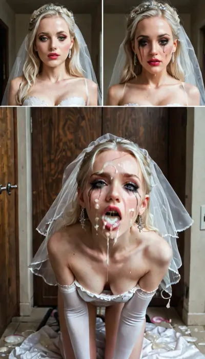 (((Multiple panels:1.6))), (((before and after:1.9))), pale skin, changing room, (sad face:1.3), (pale white skin:1.4), albino skin, (white hair), messy hair, (zoomed out view:1.3), wedding dress, white stockings, white elbow gloves, (smeared makeup:1.1), (running eyeliner:1.1), (smeared eyeliner:1.1), cleavage, torn clothes, small breast, perky breasts, skinny face, sharp face features, skinny legs, small ass, skinny thighs, shaved pussy, (cum on face:1.5), (excessive cum leaking from mouth on to chest:1.1), (excessive cum leaking from pussy:1.1), cum on pussy, kneeling, lifting dress up to expose pussy, used condoms, running, dribble, from, tongue, tears, in, mouth, chin, nose, lip, forehead, lipstick, smear, crying, gagged, gagging, oral, invitation, after, fellatio, cum, on, face, cumshot, cumfacial, facial