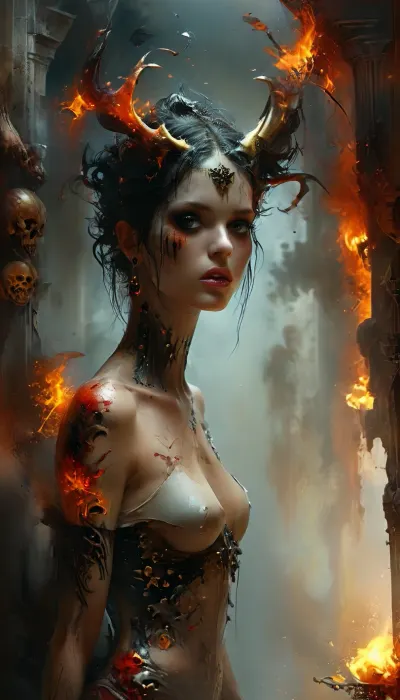 nude sexy goddess of death with open black and gold skull armore in a corridor filled with columns of skulls, view breasts, Crown of flames on the head, fireball, inferno, ((full body view)), very Long black demon horns, ((red skulls tattoos)), Solar lights from hell outside cast a crimson glow emphasizing her silhouette, . Hyper-realistic, dark fantasy style, art by Luis Royo and Julie Bell, (best quality), (detailed), (wallpaper), (cinematic lighting), (sharp focus), (intricate), drkms, <lora:MJ52:1.2>, <lora:xl_more_art-full_v1:.4>, <lora:DarkGrimFantasyXL-000004:.5>