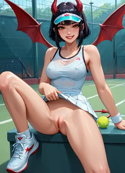 masterpiece, best quality, highly detailed, (anime:1.2), BREAK, (a gorgeous 25 year old white succubus with, demonic wings, horns, tail:1.2), (natural b cup breasts, perfect nipples), (succubus has long black hair bob haircut:1.1), (orange eyes), slim, athletic, gymnast body, playing tennis at a luxury tennis court against the viewer, she notices the viewer being distracted and not looking at her face when she realizes he is staring at her skirt, (naughty grin expression, aroused, she flirts and teases viewer by slowly lifting her skirt with her hand revealing her beautiful pussy, skirtlift:1.2), (succubus is wearing a really low cut white tennis tanktop, white pleated skirt, no panties, white tennis shoes, light blue visor:1.1), focus on pussy, <lora:Animated_Concept:1>