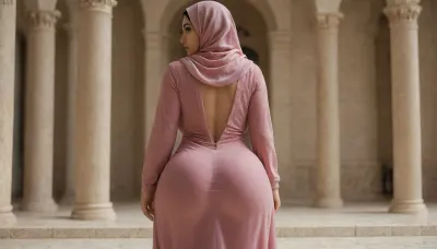 arab girl, She wears a tight dress, has a huge butt, big breasts, a very beautiful face, fine eye detail, big thighs, fat thighs, she wears a hijab, (back visible:1.3)