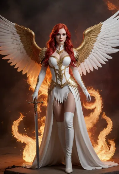 Full body, Talene, resurging flame, angel, obsidian finch, female, mage, fire magic, elegant, radiant, caring, kind, (extremely long fire red hair), pale skin, (white dress with feather motif and gold accents), (white thigh high boots with gold accents), (white sleeved gloves that go to her elbows with gold accents), (two sets of fire red wings sprouting from her back), (large sword with fire motif), (phoenix aesthetic), celestial vibes