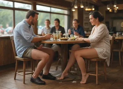 in a noisy restaurant, a mature man and a mature milf are sitting at a dimly lit table. The man is stroking the woman's leg. She is giving access to her hairy pussy, many people around, a flaccid penis, (cum:1.3), (hairy private part:1.4), (full body view:1.5), <lora:cfg_scale_boost:.8>, <lora:MJ52:.8>, <lora:718513_training_data:.8>