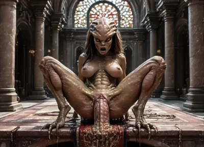 (((ultra high quality photo))), ((8k)), ((female body is completely visible in the picture)), (A woman in her early thirties), (with Persian features lies on an old, weathered stone altar), (Her jet-black, long hair falls loosely over the edge of the altar), (((The woman is completely naked))), (((with full natural breasts))), ((Hazel brown erect nipples)), ((light olive skin)), (((Hazel brown outer labia))), ((light pink inner labia)), ((the woman's body is very femininely shaped)), (The woman has an oily sheen all over her body), (((the woman is 100% human))), Her arms are stretched out wide as if she were tied or prepared for a ritual sacrifice., (Her expression is contorted in pain with wide-open, shocked eyes), while the ambient light casts shadows on her features, making the scene mysterious and dramatic., ((The woman's legs are spread wide)), ((and are on either side of the altar with his bare, delicate and well-groomed feet)), ((A huge alien monster:1.8)), has penetrated the woman's vagina two-thirds of the way with his, ((huge cock:1.5)), (((deep vagina penetration))), while the monster bends over the woman and rests its large paws on the altar on either side of the woman, (A slimy fluid runs between the woman's legs to the floor), while the alien monster looks as if it is close to the climax of its lust, <lora:HandFineTuning_XL:.6>, <lora:add-detail-xl:1>, <lora:Dark Fantasy:1>, <lora:Consistency Corrector XL V2:.6>, <lora:Unfazed_dragon_-_XL SDXL:1>