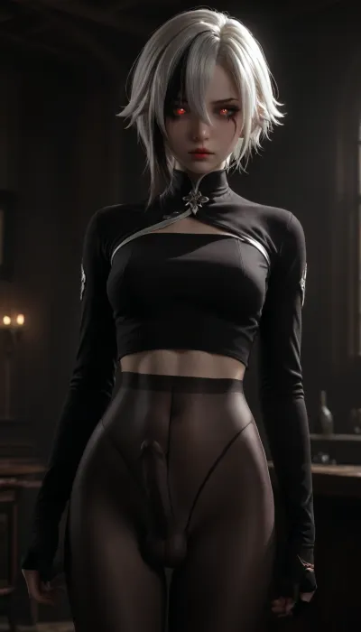 UHD 8K, beautiful firm medium tits, futa, arlecchino_\, (genshin_impact\), ((japan)), white hair, Mascara running, ((Red glowing pupils)), ((Black gloves:1.5)), extreme realism, maximum detail, slim figure, detailed skin, real lighting, futa at the bar in a club, penis bulge under pantyhose, penis bulge, black cut long sleeve, half-naked tits, cum on tits, 1D, seamless, pantyhose, 20D, on, leaning, foreward, <lora:580159_training_data:.5>, <lora:dark:.5>, <lora:arlecchino_new:.5>, <lora:seamless pantyhose-000003:.5>, erect-futa, erect-penis, woman, testicles, erection, <lora:SDXLlora13ErFut:.8>