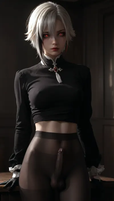UHD 8K, beautiful firm medium tits, futa, arlecchino_\, (genshin_impact\), ((japan)), white hair, Mascara running, ((Red glowing pupils)), ((Black gloves:1.5)), extreme realism, maximum detail, slim figure, detailed skin, real lighting, futa at the bar in a club, penis bulge under pantyhose, penis bulge, black cut long sleeve, half-naked tits, cum on tits, 1D, seamless, pantyhose, 20D, on, leaning, foreward, <lora:580159_training_data:.5>, <lora:dark:.5>, <lora:arlecchino_new:.5>, <lora:seamless pantyhose-000003:.5>, erect-futa, erect-penis, woman, testicles, erection, <lora:SDXLlora13ErFut:.8>