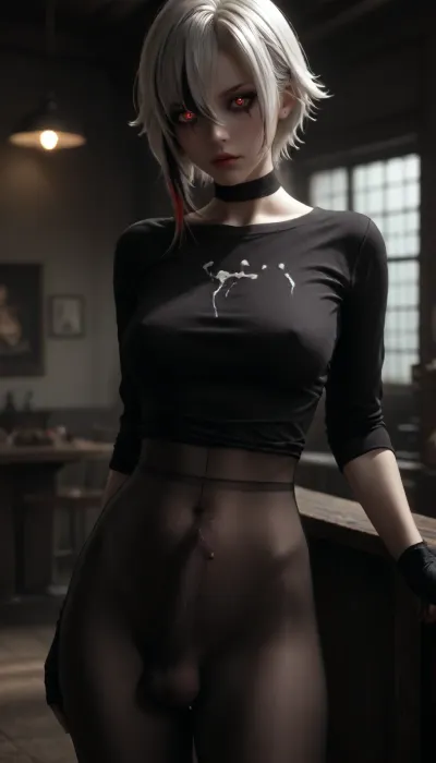 UHD 8K, beautiful firm medium tits, futa, arlecchino_\, (genshin_impact\), ((japan)), white hair, Mascara running, ((Red glowing pupils)), ((Black gloves:1.5)), extreme realism, maximum detail, slim figure, detailed skin, real lighting, futa at the bar in a club, penis bulge under pantyhose, penis bulge, black blouse shirt, cum on shirt, cum on tits, 1D, seamless, pantyhose, 20D, on, leaning, foreward, <lora:580159_training_data:.5>, <lora:dark:.5>, <lora:arlecchino_new:.5>, <lora:seamless pantyhose-000003:.5>, erect-futa, erect-penis, woman, testicles, erection, <lora:SDXLlora13ErFut:.8>