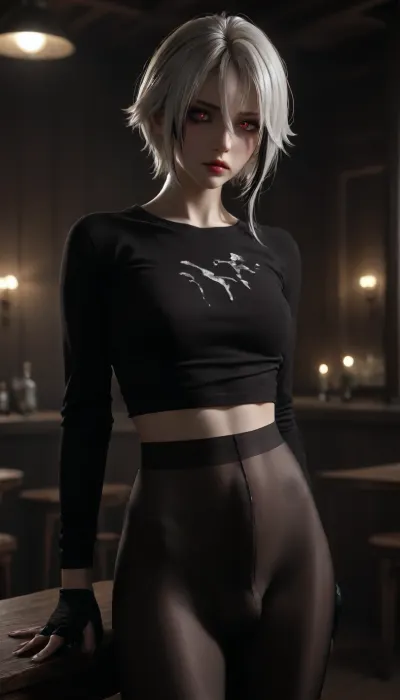 UHD 8K, beautiful firm medium tits, futa, arlecchino_\, (genshin_impact\), ((japan)), white hair, Mascara running, ((Red glowing pupils)), ((Black gloves:1.5)), extreme realism, maximum detail, slim figure, detailed skin, real lighting, futa at the bar in a club, penis bulge under pantyhose, penis bulge, black shirt, cum on shirt, cum on tits, 1D, seamless, pantyhose, 20D, on, leaning, foreward, <lora:580159_training_data:.5>, <lora:dark:.5>, <lora:arlecchino_new:.5>, <lora:seamless pantyhose-000003:.5>, erect-futa, erect-penis, woman, testicles, erection, <lora:SDXLlora13ErFut:.8>