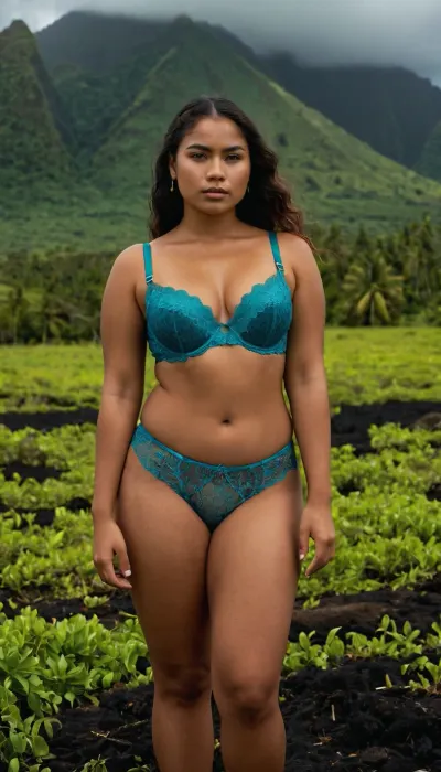 full-body portrait of a, (typical), (19 year old), (Samoa woman), (colorfull lace-lingerie, bra and panties), standing in a typical Samoa landscape.