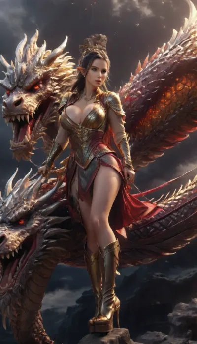 fantasy context, a tall elf warrior woman is riding a gold dragon, huge massive breasts, fantasy armor, very high heels, large, breasts, big, boobs, huge, tits, arien_dragon, <lora:bombshell_v2:1.5>, <lora:ArienDragonGirlV1-SDXL:.8>