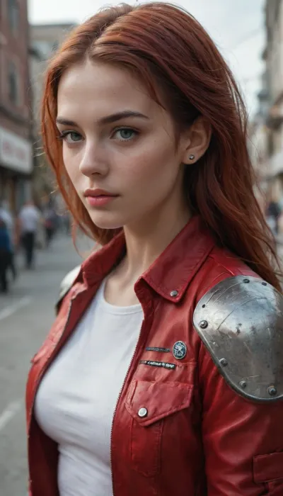 Image is a digital artwork featuring a female character with a futuristic and edgy style, drawn in a vibrant anime-inspired aesthetic. She has striking red hair styled in a voluminous, side-swept manner, with loose strands framing her face. Her facial features are sharp and defined, with a fair skin tone and expressive eyebrows. A distinctive black tattoo or marking is visible under her left eye. She wears a red leather jacket with metallic shoulder pads and flashy accents over a sleek, high-collared white top. Her hands are wrapped in white bandages, suggesting a combat-ready appearance. The background is a blurred urban setting, with industrial elements and a soft, diffused light creating a dramatic atmosphere. The character exudes a sense of strength and determination, enhanced by her intense gaze and confident posture.