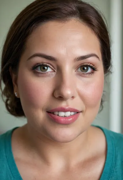 (masterpiece, best quality, photorealistic, ultra-detailed, highres, soft lighting), (obese), (gilf), 65 year old Macedonian woman, chubby heart-shaped face with refined features, thick arched eyebrows, large blue-green eyes with long thick eyelashes, straight nose with delicate tip, very plump glossy lips, chubby face, mature facial features, high cheekbones, soft chin, wrinkles on face, olive skin with warm undertone, few faint freckles on nose, straight white teeth, natural, (no makeup), bright lipstick, lips parted, mouth open, teeth showing, centered face, symmetrical, big smile, big lips, plump lips, sultry parted lips, wavy auburn hair with highlights framing face, in a softly blurred gradient background, <lora:add-detail-xl:.5>