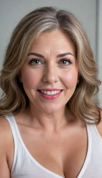 (masterpiece, best quality, photorealistic, ultra-detailed, highres, soft lighting), (fat), chubby, large breasts, saggy, pokies, (wearing white v-neck sleeveless t-shirt), (gilf:1.5), 65 year old Macedonian gilf, chubby face with refined mature features, thick arched eyebrows, detailed eyes, large blue-green eyes with long thick eyelashes, straight nose with delicate tip, very plump glossy lips, chubby face, mature facial features, high cheekbones, soft chin, wrinkles on face, olive skin with warm undertone, few faint freckles on nose, straight white teeth, natural, (no makeup), bright lipstick, lips parted, open mouth, teeth showing, symmetrical, smiling, (big smile), bowed lips, (cupid's bow lips), full lips, (big juicy lips), plump lips, sultry parted lips, long wavy brunette balayage hair framing face, bangs, in a softly blurred gradient background, <lora:add-detail-xl:.5>, <lora:Older_woman_v4-000002:.8>