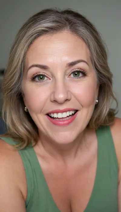 (masterpiece, best quality, photorealistic, ultra-detailed, highres, soft lighting), (fat), chubby, large breasts, saggy, pokies, (wearing white v-neck sleeveless t-shirt), (gilf:1.5), 65 year old Macedonian gilf, chubby face with refined mature features, thick arched eyebrows, detailed eyes, large blue-green eyes with long thick eyelashes, straight nose with delicate tip, very plump glossy lips, chubby face, mature facial features, high cheekbones, soft chin, wrinkles on face, olive skin with warm undertone, few faint freckles on nose, straight white teeth, natural, (no makeup), bright lipstick, lips parted, open mouth, teeth showing, symmetrical, smiling, (big smile), bowed lips, (cupid's bow lips), full lips, (big juicy lips), plump lips, sultry parted lips, long wavy brunette hair framing face, bangs, in a softly blurred gradient background, <lora:add-detail-xl:.5>, <lora:Older_woman_v4-000002:.5>