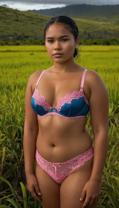 full-body portrait of a, (typical), (19 year old), (Tonga woman), (colorfull lace-lingerie, bra and panties), standing in a typical Tonga landscape.