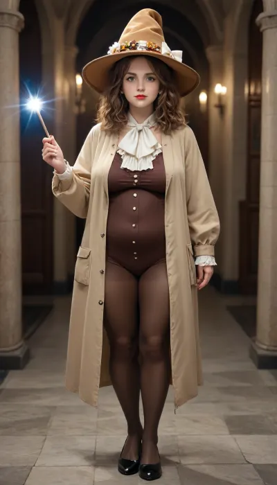 Old woman, Giant troll fucks cancer Hermione_Granger, Hogwarts, chubby woman, front view, big sagging tits, standing, full body, brown stocking, black shoes, brown gloves, white frill, red lips, magical hat, The Wizard's mantle, There's a magic wand in his hand, The woman stands with her legs wide apart, white bow on the neck, The brown raincoat, The magic room