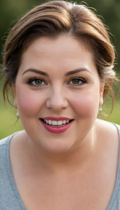 (masterpiece, best quality, photorealistic, ultra-detailed, highres, soft lighting), (obese:1.3), (gilf:1.3), 65 years old, Macedonian gilf, chubby mature face with refined features, thick arched eyebrows, detailed eyes, large blue-green eyes with long thick eyelashes, straight nose with delicate tip, very plump lips, (Open mouth), big smile, smiling, high cheekbones, soft chin, wrinkles on face, olive skin with warm undertone, few faint freckles on nose, straight white teeth, bold makeup with winged eyeliner and bright lipstick, centered face, symmetrical, plump lips, big lips, sultry parted lips, shoulder-length wavy auburn hair framing face, in a softly blurred gradient background, <lora:Older_woman_v4-000002:.8>