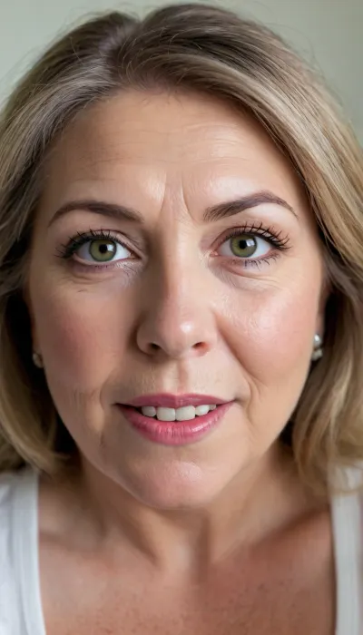 Upper body shot, wearing v-neck white t-shirt, sagging, cleavage, sitting, chubby, (masterpiece, best quality, photorealistic, ultra-detailed, highres, soft lighting), (fat:1), (gilf:1.4), 65 years old, Macedonian gilf, chubby mature face with refined features, thick arched eyebrows, detailed eyes, large blue-green eyes with long thick eyelashes, straight nose with delicate tip, very plump lips, Open mouth, smiling, teeth showing, lips parted, high cheekbones, soft chin, wrinkles on face, olive skin with warm undertone, few faint freckles on nose, straight white teeth, bold makeup with winged eyeliner and lipstick, face symmetrical, full lips, plump lips, big lips, sultry parted lips, open mouth, big smile, layered auburn and gray hair framing face, in a softly blurred gradient background, (detailed skin texture, skin imperfections), (age-appropriate skin condition, wrinkles, wrinkled skin), (stretch marks), (highly detailed eyes, high resolution eyes, high quality eyes, highly detailed hair), (same color eyes, symmetric eyes, matching eyes, detailed eyes, detailed iris, detailed pupils, limbal ring around iris, perfectly round iris, perfectly round pupils), (expressive eyes, striking eyes, captivating eyes, mesmerizing eyes), highres, extremely detailed, 8k photo, best quality, perfect lighting, natural light, realistic, photorealistic, photo, photography, detailed, in focus, UHD 8k