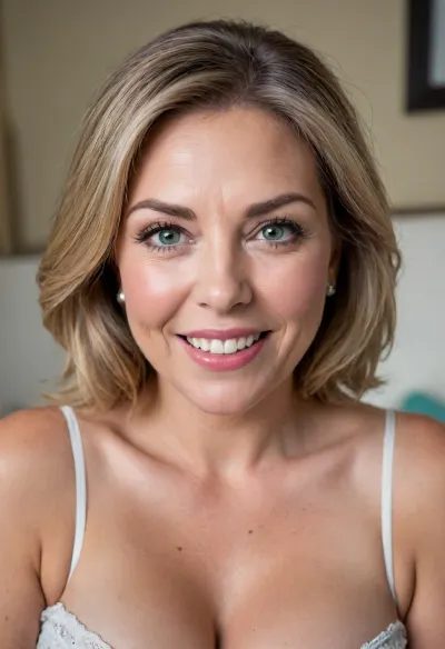 Upper body shot, wearing v-neck white t-shirt, sagging, cleavage, sitting, chubby, (masterpiece, best quality, photorealistic, ultra-detailed, highres, soft lighting), (fat:1), (gilf:1.4), 65 years old, gilf, chubby mature face with refined features, thick arched eyebrows, detailed eyes, large blue-green eyes with long thick eyelashes, straight nose with delicate tip, very plump lips, Open mouth, smiling, teeth showing, lips parted, high cheekbones, soft chin, wrinkles on face, olive skin with warm undertone, few faint freckles on nose, straight white teeth, bold makeup with winged eyeliner and lipstick, face symmetrical, full lips, plump lips, big lips, sultry parted lips, open mouth, big smile, layered auburn and gray hair framing face, in a softly blurred gradient background, (detailed skin texture, skin imperfections), (age-appropriate skin condition, wrinkles, wrinkled skin), (stretch marks), (highly detailed eyes, high resolution eyes, high quality eyes, highly detailed hair), (same color eyes, symmetric eyes, matching eyes, detailed eyes, detailed iris, detailed pupils, limbal ring around iris, perfectly round iris, perfectly round pupils), (expressive eyes, striking eyes, captivating eyes, mesmerizing eyes), highres, extremely detailed, 8k photo, best quality, perfect lighting, natural light, realistic, photorealistic, photo, photography, detailed, in focus, UHD 8k, <lora:698348_training_data:.8>