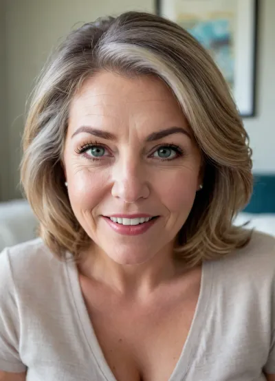 Upper body shot, wearing v-neck white t-shirt, sagging, cleavage, sitting, chubby, (masterpiece, best quality, photorealistic, ultra-detailed, highres, soft lighting), (fat:1), (gilf:1.4), 65 years old, gilf, chubby mature face with refined features, thick arched eyebrows, detailed eyes, large blue-green eyes with long thick eyelashes, straight nose with delicate tip, very plump lips, Open mouth, smiling, teeth showing, lips parted, high cheekbones, soft chin, wrinkles on face, olive skin with warm undertone, few faint freckles on nose, straight white teeth, bold makeup with winged eyeliner and lipstick, face symmetrical, full lips, plump lips, big lips, sultry parted lips, open mouth, big smile, layered auburn and gray hair framing face, in a softly blurred gradient background, (detailed skin texture, skin imperfections), (age-appropriate skin condition, wrinkles, wrinkled skin), (stretch marks), (highly detailed eyes, high resolution eyes, high quality eyes, highly detailed hair), (same color eyes, symmetric eyes, matching eyes, detailed eyes, detailed iris, detailed pupils, limbal ring around iris, perfectly round iris, perfectly round pupils), (expressive eyes, striking eyes, captivating eyes, mesmerizing eyes), highres, extremely detailed, 8k photo, best quality, perfect lighting, natural light, realistic, photorealistic, photo, photography, detailed, in focus, UHD 8k, <lora:698348_training_data:.8>