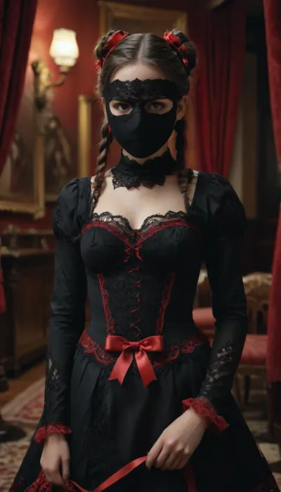 Generate a detailed visual description of a character based on the following attributes, Gender, Female, Hair, Black, styled in pigtails, Accessories, Wearing a black mask, Additional Features, The pigtails are adorned with red ribbons, Outfit, A black dress intricately designed with black lace The character should exude an aura of mystery and elegance, with an emphasis on the contrast between the black and red elements.Include details on the fabric texture, the style of the lace, and the overall mood of the scene.Use evocative language to paint a vivid picture in the reader's mind.
