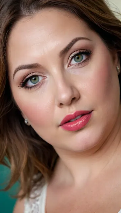 (masterpiece, best quality, photorealistic, ultra-detailed, highres, soft lighting), (obese:1.3), (gilf:1.3), 65 years old, Macedonian gilf, chubby mature face with refined features, thick arched eyebrows, detailed eyes, large blue-green eyes with long thick eyelashes, straight nose with delicate tip, very plump glossy lips, high cheekbones, soft chin, wrinkles on face, olive skin with warm undertone, few faint freckles on nose, straight white teeth, bold makeup with winged eyeliner and bright lipstick, centered face, symmetrical, plump lips, sultry parted lips, shoulder-length wavy auburn hair framing face, in a softly blurred gradient background