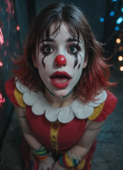 (Blank stare), (hypnotized), kneeling, high angle, mouth open, drooling, (clown girl:1.2), (clown makeup:1.5), white face paint, red lipstick, colored clown dress, long high multi-colored twin ponytails, (night:1.3), dark room, neon lights, (highly detailed face:1.3), jitome, half, closed, empty, eyes, hypnotized, <lora:503545_training_data:.8>, <lora:emptyeyes_anmgn31_B:.7>