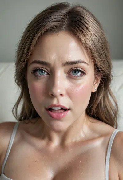 Upper body shot, wearing v-neck white t-shirt, sagging, cleavage, large breasts wearing a spaghetti strap halter top, sitting on a couch in a modern living room, chubby, (masterpiece, best quality, photorealistic, ultra-detailed, highres, soft lighting), (fat:1.2), (gilf:1.5), 65 years old, gilf, chubby mature face with refined features, thick arched eyebrows, detailed eyes, large blue-green eyes with long thick eyelashes, straight nose with delicate tip, very plump lips, Open mouth, smiling, teeth showing, lips parted, high cheekbones, soft chin, wrinkles on face, olive skin with warm undertone, few faint freckles on nose, straight white teeth, bold makeup with winged eyeliner and lipstick, face symmetrical, full lips, plump lips, big lips, sultry parted lips, open mouth, big smile, layered brunette with gray hair with slight bangs framing face, in a softly blurred gradient background, (detailed skin texture, skin imperfections), (age-appropriate skin condition, wrinkles, wrinkled skin), (stretch marks), (highly detailed eyes, high resolution eyes, high quality eyes, highly detailed hair), (same color eyes, symmetrical eyes, matching eyes, detailed eyes, detailed iris, detailed pupils, limbal ring around iris, perfectly round iris, perfectly round pupils), (expressive eyes, striking eyes, captivating eyes, mesmerizing eyes), highres, extremely detailed, 8k photo, best quality, perfect lighting, natural light, realistic, photorealistic, photo, photography, detailed, in focus, UHD 8k, <lora:rknArouseXL:.8>