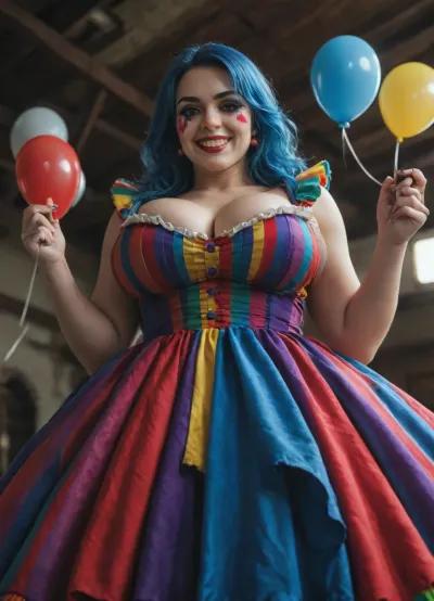 Realistic proportions, 1girl, (dark clown), big grin, holding balloons, low angle shot, looking down, (clown makeup:1.1), red nose, dark, aura, blue hair, colorful dress, huge breasts, plump, hinaigirl, idol, dress, <lora:321729_training_data:.4>, <lora:MaybeBetterFaceInFullBodyLora_XL_rev3:.7>, <lora:xl_idol_dress-2.0:.8>