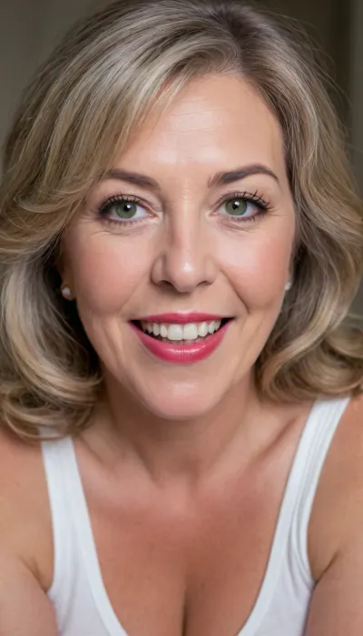 (masterpiece, best quality, photorealistic, ultra-detailed, highres, soft lighting), (fat), chubby, large breasts, saggy, pokies, (wearing white v-neck sleeveless t-shirt), (gilf:1.5), 65 year old Macedonian gilf, chubby face with refined mature features, thick arched eyebrows, detailed eyes, large blue-green eyes with long thick eyelashes, straight nose with delicate tip, very plump glossy lips, chubby face, mature facial features, high cheekbones, soft chin, wrinkles on face, olive skin with warm undertone, few faint freckles on nose, straight white teeth, natural, (no makeup), bright lipstick, lips parted, open mouth, teeth showing, symmetrical, smiling, (big smile), bowed lips, (cupid's bow lips), full lips, (big juicy lips), plump lips, sultry parted lips, long wavy brunette balayage hair framing face, bangs, in a softly blurred gradient background, <lora:add-detail-xl:.5>, <lora:Older_woman_v4-000002:.8>