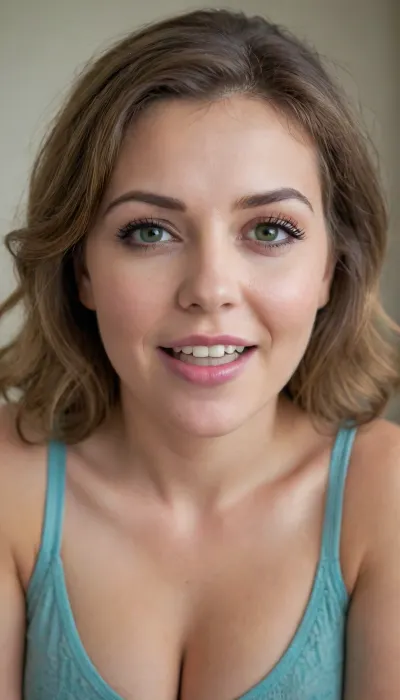 Upper body shot, wearing v-neck white t-shirt, chubby belly, large natural breasts, sagging, cleavage, large breasts wearing a spaghetti strap halter top, sitting, chubby, (masterpiece, best quality, photorealistic, ultra-detailed, highres, soft lighting), (fat:1.2), (gilf:1.3), 65 years old, gilf, chubby mature face with refined features, thick arched eyebrows, detailed eyes, large blue-green eyes with long thick eyelashes, straight nose with delicate tip, very plump lips, Open mouth, teeth showing, lips parted, high cheekbones, soft chin, wrinkles on face, olive skin with warm undertone, few faint freckles on nose, straight white teeth, bold makeup with winged eyeliner and lipstick, face symmetrical, full lips, plump lips, big lips, sultry parted lips, open mouth, big smile, brunette hair with bangs framing face, in a softly blurred gradient background, (detailed skin texture, skin imperfections), (age-appropriate skin condition, wrinkles, wrinkled skin), (stretch marks), (highly detailed eyes, high resolution eyes, high quality eyes, highly detailed hair), (same color eyes, symmetrical eyes, matching eyes, detailed eyes, detailed iris, detailed pupils, limbal ring around iris, perfectly round iris, perfectly round pupils), (expressive eyes, striking eyes, captivating eyes, mesmerizing eyes), highres, extremely detailed, 8k photo, best quality, perfect lighting, natural light, realistic, photorealistic, photo, photography, detailed, in focus, UHD 8k, orgasmface, wrinkles, jewelry, long, hair, smiling, <lora:698348_training_data:.8>, <lora:orgasmface_SDXL:.3>, <lora:Older_woman-000008:.2>