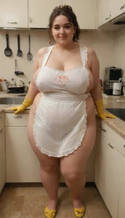<lora:Chubby BBW - XL:.8>, an adult woman, 59 years old, stands in the middle of the kitchen, wearing a white apron with lace, brown stockings, slippers orange, yellow rubber gloves on her hands, curlers on her head, a plump woman's figure, big saggy tits, a belly, a smile on her face, wide hips, hyper-realistic graphics, high definition, vivid picture, shadows, heart, apron, The woman lifted her apron up, <lora:heartapron_XL_v1:.8>, JPkitchen, kitchen, <lora:JAPAN_Kitchen_SDXL_V1:.8>, megachubsdxl, morbidly, obese, <lora:megachubsdxl_13:.8>