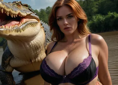 ((perilous scene:1.4)), ((side view from below:1.5)), ((Dutch angle shot:1.5)), ((closeup view:1.5)), 35 years old milf busty hooker at the Amazon riverbank, ((struggling with giant crocodile:1.7)), voluptous curvy body in unnatural posture, filty agressive face, ((gunshot wounds of her breast:1.6)), ((bloody spots on her breast:1.4)), ((blood:1.6)), long voluminous wavy disheveled ginger hair, ((tence pose:1.4)), huge round breasts, (wide round ass:1.3), (narrow waist:1.5), (dressed in black and purple Agent Provocateur lingerie from "Ozella" collection:1.4), ((correct fingers with manicured nails)), RAW image, DSLR photography, 8K, best quality, sharp focus, detailed, eyes, perfect, freckles, skin, texture, photorealistic, large, breasts, big, boobs, huge, tits, <lora:add-detail-xl:.8>, <lora:Super_Eye_Detailer_By_Stable_Yogi_SDPD0:.8>, <lora:bombshell_v2:.4>, <lora:681678_training_data:.8>