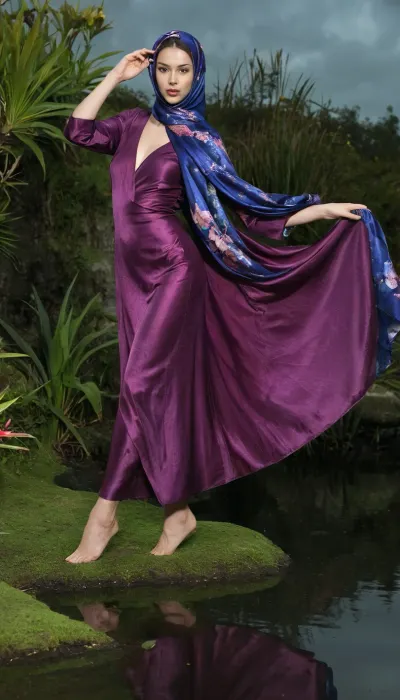 A graceful woman wearing a deep magenta satin dress and a matching floral-patterned hijab, standing serenely on a small moss-covered island surrounded by exotic plants and flowers. Her scarf flows dramatically in the wind. Moody, high-fashion editorial lighting with a soft dark blue gradient background. Stylized and elegant pose, full-body portrait with reflection in water. Botanical, surreal yet sophisticated atmosphere