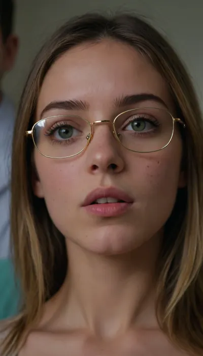 close-up view, bottom view, a petite 21 year old French girl, (((surrounded by medical students))), suck man, 5'3 tall, 88 lbs, perfect gray and green eyes, (tall rectangular thin gold glasses), medium-length, straight dark hair with a middle part and blonde highlights on the ends, small natural saggy breasts, (((hairy pussy))), on a medical examination table, in a modern medical office, natural skin texture, hyperrealism, sharp, ultra detailed, sharp focus, best quality, masterpiece, intricate details, hyperrealistic