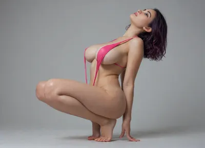 1girl, solo, 19 yo squat, close legs, (((full body side view))), (Big natural breast:1.6), (cameltoe:1.1), Short purple Hair in Midnight, extra straight, well-groomed hair, Hands back head, pink sling bikini