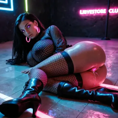 40 y.o. good looking woman, MILF, straight very long black hair, named Sophie, highly detailed pretty face with high cheek bones, big eyes, Caucasian, no makeup, pale oiled skin, curvaceous, very long legs, large ass, shaved pussy, huge giant breasts, seductive, experienced, exhibitionist, full body, no underwear, pussy lips exposed, (black thigh high fishnet stockings), long-sleeved black fishnet shirt, black ankle plateau boots, lying on floor, (lying on her side:1.3), pussy exposed, crowded night club, (ultraviolet lighting:1.2), (glowing neon lights:1.3), (black light), (light on pussy:1.2), fluorescence lighting, body paint, (view from side), <lora:uv style v2:1.2>, <lora:add-detail-xl:1>