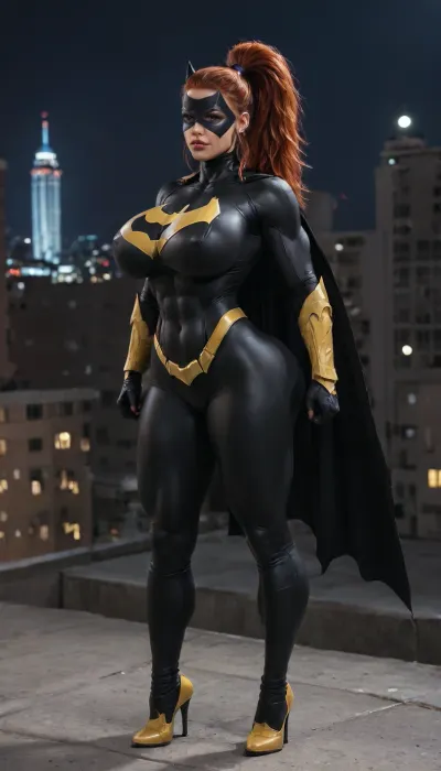 red hair, high ponytail, batgirl mask, masked face, sexy, big massive huge saggy full size 34NN cup tits, big ass, full batman armor, skinny, slim, athletic, muscles, strong, fit, muscular, tight fitting batgirl armor, bimbo, huge tits, huge ass, standing on a rooftop, night, cityscape in background, portrait shot, front view, full body in picture, muscle_bimbo, extra busty, huge boobs, huge butt, big boobs, superhero pose, large, breasts, boobs, tits, bottomheavy, big, ass, huge, gigantic, thick, thighs, massive, massive tits, huge giant round tits, batman armor, batgirl armor, Batman, Beyond, detailxl, <lora:Muscle_Bimbo_SDXL:.8>, <lora:bombshell_v2:.8>, <lora:bottomheavy_v1_sdxl_tags:.8>, <lora:Batman Beyond:.8>