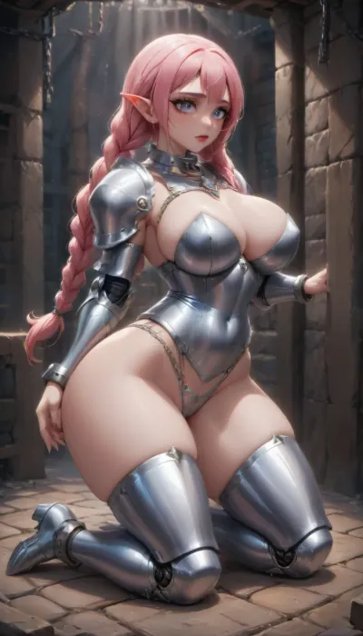 long white-pink hair in two massive unrealstically huge long and thick braids, long and thick braids, humanized version of Tinkaton from Pokémon, pawg, 1girl, cute, furry, solo, giant long pointy ears, beautiful body, full knight battle armor, armored chest, armored legs, armored arms, armored pants, armored panties, curvy, thin slender waist, big breast, thick round ass, huge ass, thick hips, sensual, seductive makeup, red lipstick, eyeliner, eyeshadow, pubic hair, kneeling, iron collar, chain, iron shackles, aroused, insatiable irresistible, fondling herself, dungeon, prison, stone floor, right side view