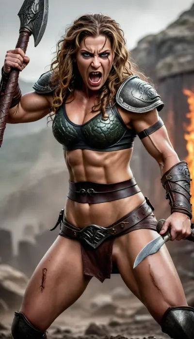woman, angry sexy scary screaming muscular, (medusa:1.2), (massive thighs:1.2), (wide hips:1.2), hairy armpits, scars, blood, mud, mucus, wounded, (sharp long finger nails:1.2), (sharp fangs:1.2), monster girl, gorgon, (Viking body armour), (Hell background), (attacking with a battle axe:1), uberfit, muscular, athletic, <lora:Gorgons XL:.7>, <lora:uberfit_lora_sdxl:.5>