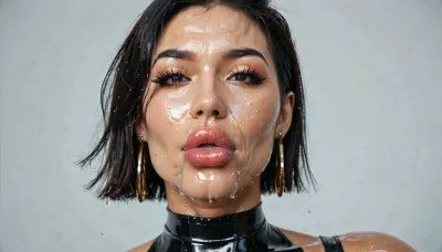 a 18-year-old woman, asian, in tight wet and oiled latex clothes, gigantic breasts, huge fake tits, big tights, little cut hair, largest tits, front view, huge lips and very big lips, lips bigger than head, definied abs, nsfw, Self fuck, self fisting, anal fisting, fisting