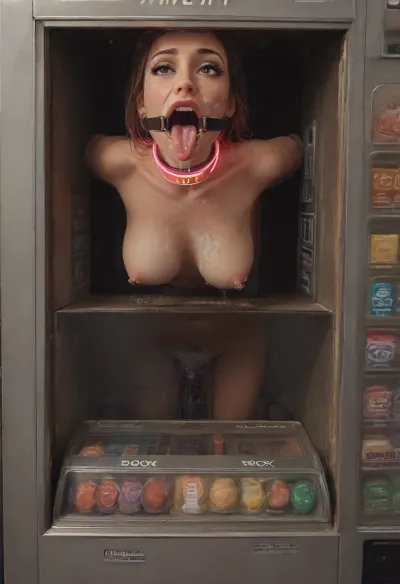 1 woman, (dark public sci-fi space station:1.3), (top side vending machine view:1.5), (very beautiful 18 years old model girl:1.7), (lower body hidden into metalic vending sex machine box:1.7), (stuck with upper body from sex machine:1.7), (arms hidden back into vending machine:1.5), (leaning forward very skinny body:1.4), (only head with breasts visible:1.5), (head up:1.6), (mouth spreader ring gag:1.6), (opened very wide mouth:1.7), (very beautiful petite girl:1.7), (slightly satisfied:1.4), (long brown shiny hair:1.4), (innocent looking face:1.7), (very beautiful happy narrow face:1.7), (light lips:1.3), (perfect dark eyes:1.5), (black iris:1.3), (looks directly up:1.6), (seductive sexy makeup:1.7), (thick dark long eyelashes:1.5), (smokey eyeshadow:1.3), (tongue rounded at the end:1.3), ((very long very flat very wide light tongue hanging down:1.7)), (a lot of liquid cum flows out of mouth:1.7), (cum dripping from tongue:1.3), (cum on face:1.4), (cum on breasts:1.4), (futuristic massive oversized pink glowing collar:1.5), (erect nipples:1.2), (nipple piercings:1.3), (firm perky flat medium breasts:1.5), (naked wide slicone boobs spread apart:1.6), (dark skinned:1.3), (narrow cheekbones:1.3), (stunning:1.3), (barcode on boob:1.4), (tattoos:1.3), (tall:1.3), (very small areolas:1.3), (small nipples:1.3), (extremely gorgeous:1.3), (slim perfect fitness body:1.6), (sexy:1.4), (bright vending machine with glowing frame and buttons:1.4), (glowing text "FREE DEEPTHROAT":1.5)