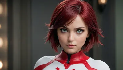 peni Parker de marvel rivals, peni tiene 18 años de edad, cara hermosa, (ojos claros), Green eyes, piel muy blanca, cuerpo completo., trasero grande, pequeña cintura, (traje de peni Parker rojo con blanco), cabello negro con rojo, <lora:580159_training_data:1.7>, <lora:668315_training_data:.1>, <lora:Microwaist_XL_v01:.7>