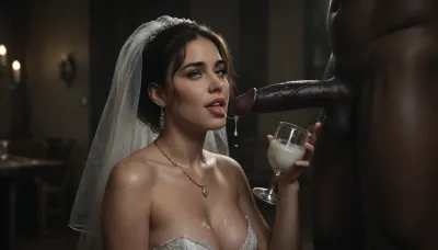 interracial, very large black penis, The happy chubby Persian bride in sexy wedding dress, cum driping bride's chain' cum driping from black penis, drinking sperm from transparent cup, there is glossy and sticky sperm in cup, cup full of sperm, cum swallowing, ((gokkun)), cum dripping from the corners of her lips, ((text on The cup, "BBC Cum")), logo, text, sign, that, says, the, word, <lora:671410_training_data:.8>, <lora:dark:.5>, <lora:texta:1>, <lora:677862_training_data:.8>