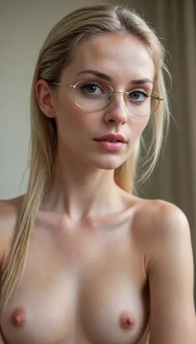(45 years old naked scandinavian woman with the skinny body of a ballerina), entire body including legs and feet in half profile, very skinny body, dry muscles, mohawk updo hair, narrow face, long narrow neck, tall, (8k, RAW Photo, Highest Quality), (Epic Realism:1.5), Hyper Realistic, (Detailed Eyes:.8), (Looking at the camera:1.4), (Superior Quality), (no Shadow), Intricate Detail, Cinematic, Outside Light, Detailed, Muted Colors, just one girl, vulgar pose, sweet erotic face, big round metal wire glasses, (long blonde straight middle parted slicked back hair:1.3), [], (film grain length, 25mm, f/1.2, DoF, bokeh, focus on face, ultra-detailed skin, perfect bright eyes, skin pores, muscle tone and definition, prominent limbal ring, high-contrast eyes, finely detailed features:.7), 0.7, thin, legs, narrow, hips, breasts, <lora:epiCRealismHelper:.5>, <lora:epiCRealLife:.5>, <lora:Thinlegs:.8>, <lora:ttpt-fC-v2:1>