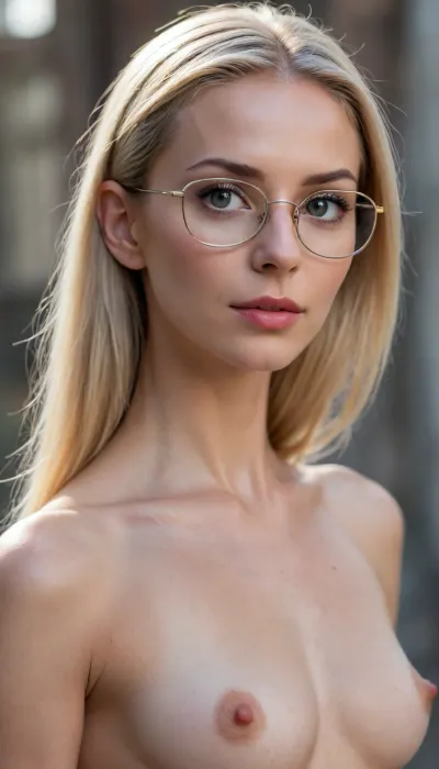 (45 years old naked scandinavian woman with the skinny body of a ballerina), entire body including legs and feet in half profile, very skinny body, dry muscles, mohawk updo hair, narrow face, long narrow neck, tall, (8k, RAW Photo, Highest Quality), (Epic Realism:1.5), Hyper Realistic, (Detailed Eyes:.8), (Looking at the camera:1.4), (Superior Quality), (no Shadow), Intricate Detail, Cinematic, Outside Light, Detailed, Muted Colors, just one girl, vulgar pose, sweet erotic face, big round metal wire glasses, (long blonde straight middle parted slicked back hair:1.3), [], (film grain length, 25mm, f/1.2, DoF, bokeh, focus on face, ultra-detailed skin, perfect bright eyes, skin pores, muscle tone and definition, prominent limbal ring, high-contrast eyes, finely detailed features:.7), 0.7, thin, legs, narrow, hips, breasts, <lora:epiCRealismHelper:.5>, <lora:epiCRealLife:.5>, <lora:Thinlegs:.8>, <lora:ttpt-fC-v2:1>
