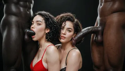black african man, absolutely black skin, deep ebony skin, African, Nigerian, Nubian, (((absolutely black skin))), short straight black hair, red spandex top, showing his massive 25 inch erected penis to 5 bbw white women wearing black lingerie, black room, black background.