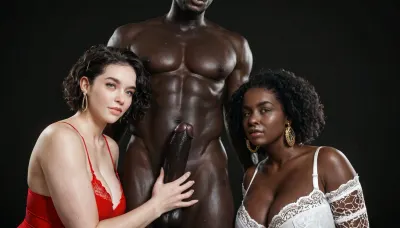 black african man, absolutely black skin, deep ebony skin, African, Nigerian, Nubian, (((absolutely black skin))), short straight black hair, red spandex top, showing his massive 25 inch erected penis to 5 bbw white women wearing black lingerie, black room, black background.