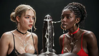 black african man, absolutely black skin, deep ebony skin, African, Nigerian, Nubian, (((absolutely black skin))), short straight black hair, red spandex top, showing his massive 25 inch erected penis to 3 curvy white women wearing black lingerie, (ejaculation:.7), excessive cum dripping from penis, cum on body, black room, black background.