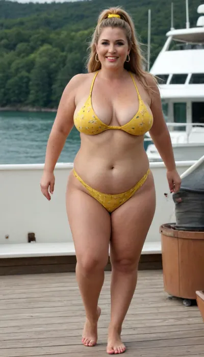 Very horny sexy old mature, 40 years old, huge hoop earrings, make up, fancy and glamour, dark blonde, tan skin, long ponytail hair, very chubby woman, plus size model, small tits, very tiny boobs, extreme chubby bbw, wide shoulders, large hips, thick arms, thick body, sexy naught smile face, very tall, focus on mules heels, very sexy mules, huge culottes, very thick calf, extreme high waisted bikini, very high waisted bikini, yellow flowered bikini, at the boat, full body view, looking at the camera, showing her mules, walking towards the camera, very chubby